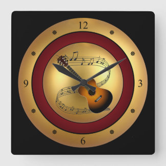 Reloj Cuadrado Guitar~Musical Scroll~Gold/Maroon/Black Background