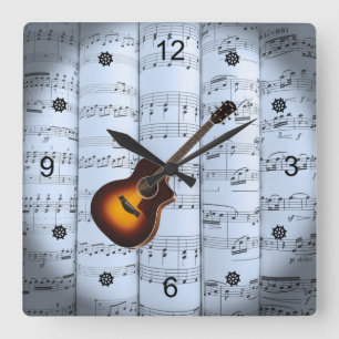Reloj Cuadrado Guitar ~ Rolling Sheet Music ~ Blue Tint Backgroun