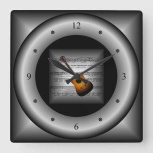 Reloj Cuadrado Guitarra ~ 3D Hoja Música ~ Plata almohada/Negro A