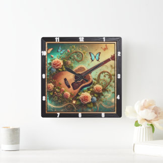 Reloj Cuadrado Guitarra Acústica Rodeada de flores y mariposas