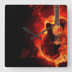 Reloj Cuadrado Guitarra Ardiendo, Llamas Naranjas Banda de Música