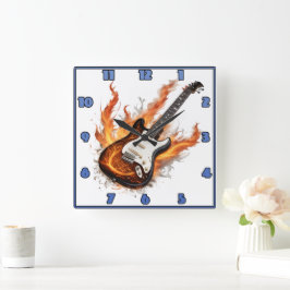 Reloj Cuadrado Guitarra con llamas y notas girando