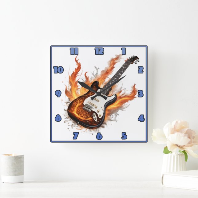 Reloj Cuadrado Guitarra con llamas y notas girando (Hogar)