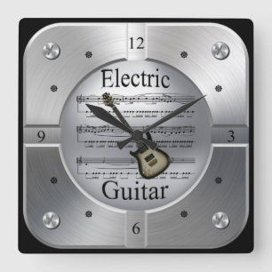 Reloj Cuadrado Guitarra Elec~Música de hojas~Color de plata cepil