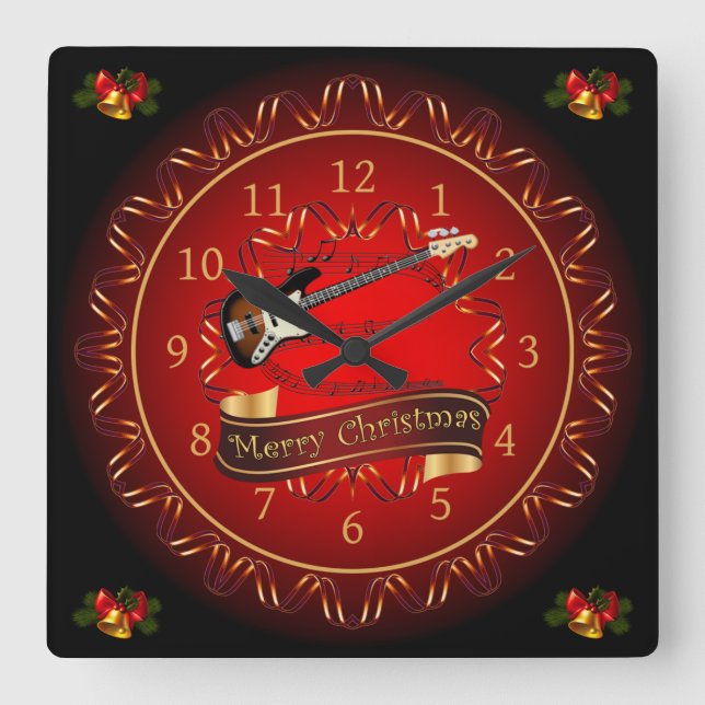 Reloj Cuadrado Guitarra Eléctrica 01, Feliz Navidad, Marrón/Negro (Anverso)