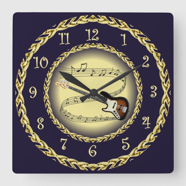 Reloj Cuadrado Guitarra Eléctrica 01 ~ Musical Scroll/Gold/Navy B (Anverso)