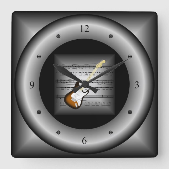 Reloj Cuadrado Guitarra eléctrica ~ 3D Hoja de música ~ Plata alm (Anverso)
