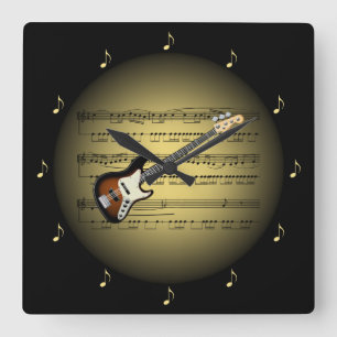 Reloj Cuadrado Guitarra eléctrica Globe 3D de oro ~ Hoja de músic