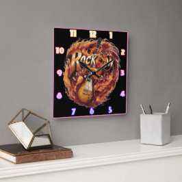 Reloj Cuadrado Guitarra en llamas con notas al atardecer