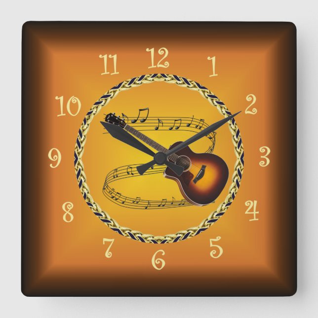 Reloj Cuadrado Guitarra en pergamino musical y Naranja ruso ~ (Anverso)