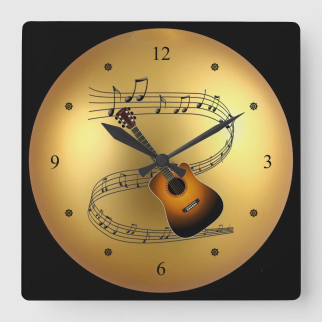 Reloj Cuadrado Guitarra: Pergamino musical: fondo del Globo de or (Anverso)