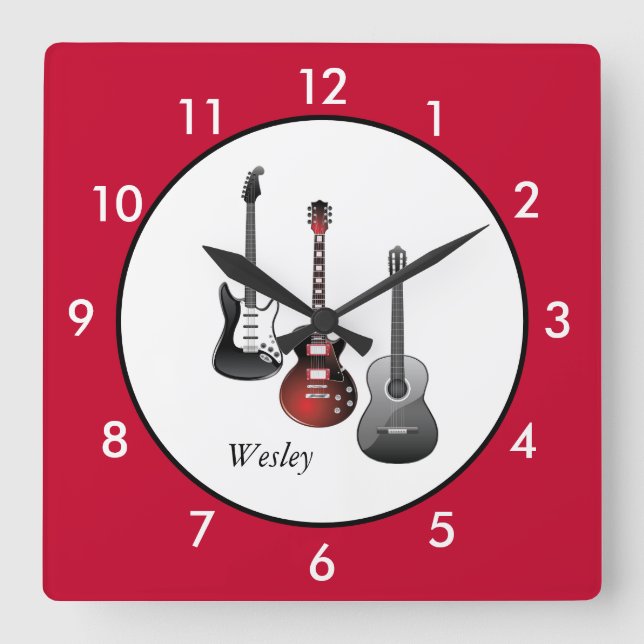 Reloj Cuadrado Guitars eléctricos personalizados rojos (Anverso)