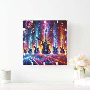 Reloj Cuadrado Guitars eléctricos rodeados de notas de Neon Music