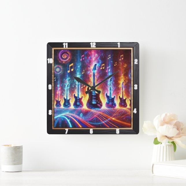 Reloj Cuadrado Guitars eléctricos rodeados de notas de Neon Music (Hogar)