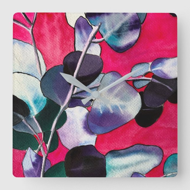 Reloj Cuadrado Gum leaves watercolor art (Anverso)