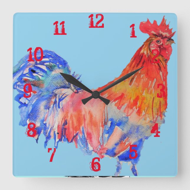 Reloj Cuadrado Habitación de niños pequeños gallo pollo Cockerel (Anverso)