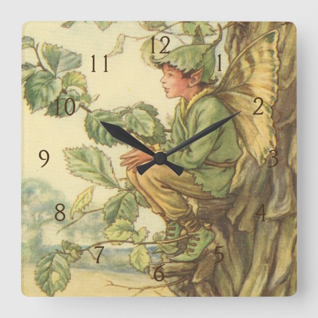 Reloj Cuadrado Hada coa alas del olmo que se sienta en un árbol (Anverso)