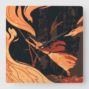 Reloj Cuadrado Halloween antiguo, bruja malvada con fuego en el b