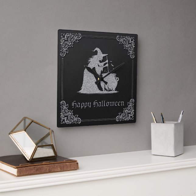 Reloj Cuadrado Halloween de Brujas y Calderones Plateados (Oficina)
