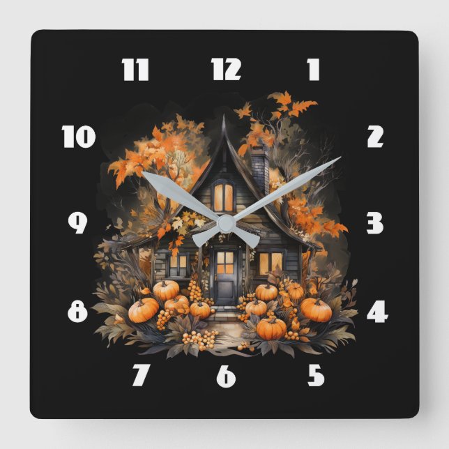 Reloj Cuadrado Halloween de Hauned House con calabazas (Anverso)