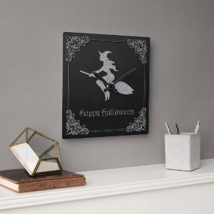 Reloj Cuadrado Halloween de la Bruja Voladora de Plata