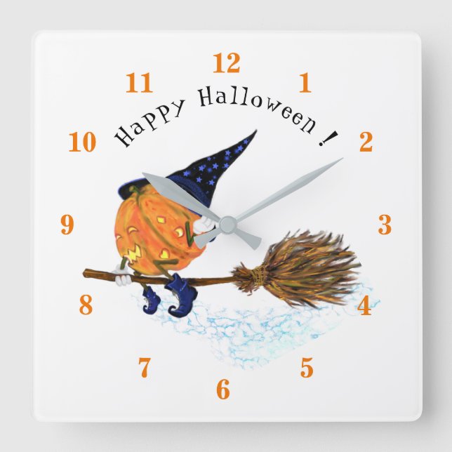 Reloj Cuadrado Halloween Feliz cuarto volador de calabaza para br (Anverso)