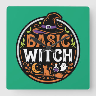 Reloj Cuadrado Halloween: gato negro y fantasma – Bruja Básica.