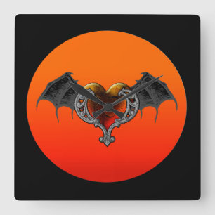 Reloj Cuadrado Halloween Gótico Naranja Corazón y Bat Wings Wall