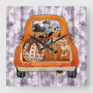 Reloj Cuadrado Halloween harvest orange pickup truck with pumpkin