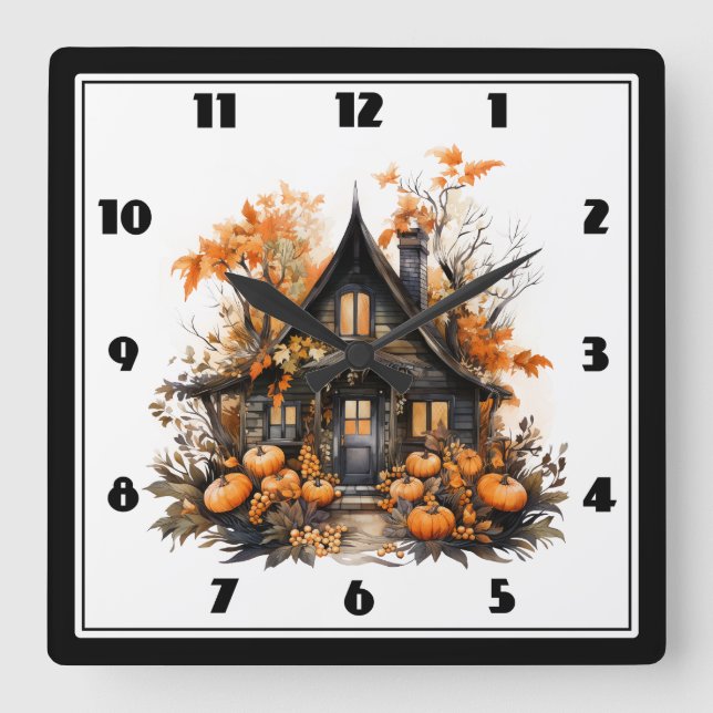 Reloj Cuadrado Halloween Haunted House con calabazas y follaje (Anverso)