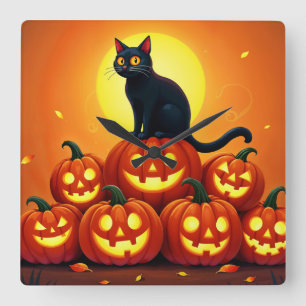 Reloj Cuadrado Halloween lindo gato negro y linternas de Jack
