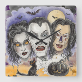 Reloj Cuadrado Halloween, Máscaras de Risa Siniestra, Gatos Negro