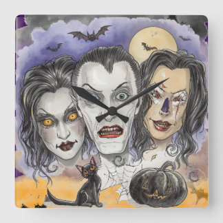 Reloj Cuadrado Halloween, Máscaras de Risa Siniestra, Gatos Negro