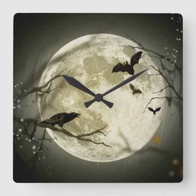 Reloj Cuadrado Halloween Moon Spooky Crows (Anverso)