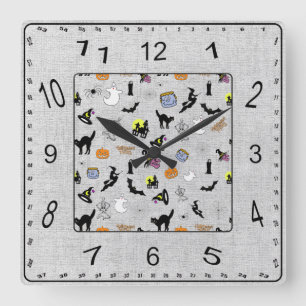 Reloj Cuadrado Halloween Patrón Icónico Aleatorio Gris Texteado