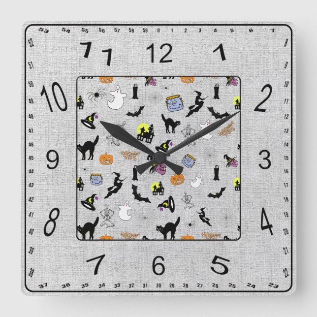 Reloj Cuadrado Halloween Patrón Icónico Aleatorio Gris Texteado (Anverso)