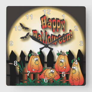 Reloj Cuadrado Halloween Pumpkins Sitting on a Fence