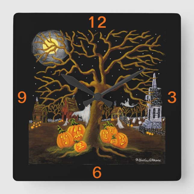 Reloj Cuadrado Halloween, reloj, fantasmas, Jack-O-Lanterns, tumb (Anverso)