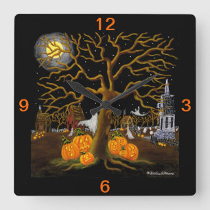 Reloj Cuadrado Halloween, reloj, fantasmas, Jack-O-Lanterns, tumb