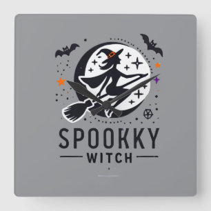 Reloj Cuadrado Halloween Spooky Witch Design - Volando en la habi