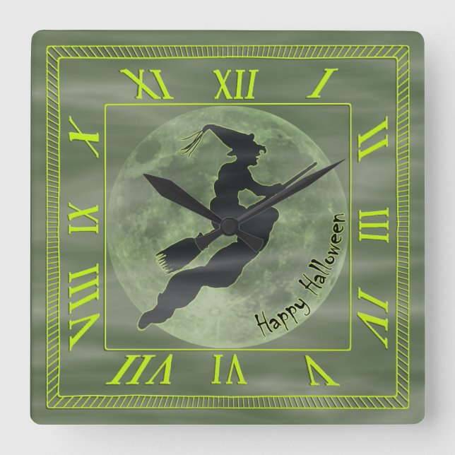 Reloj Cuadrado Halloween Witch - Square Clock with Roman Numerals (Anverso)
