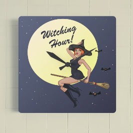 Reloj Cuadrado Halloween Witness Hour Retro Witch Wall Clock