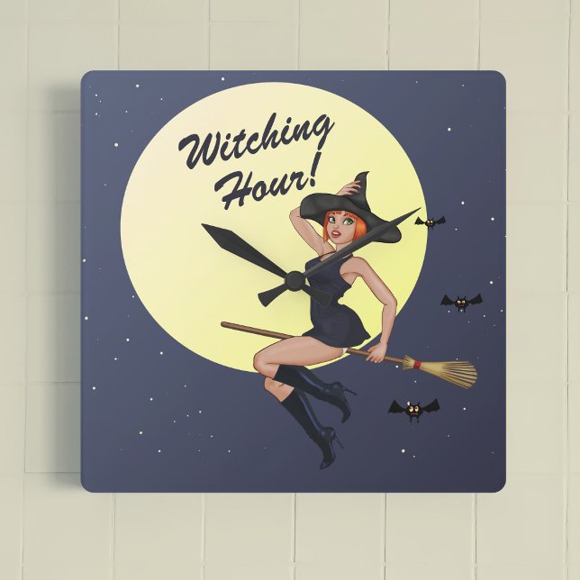 Reloj Cuadrado Halloween Witness Hour Retro Witch Wall Clock (It's witching hour! A cheeky witch is flying on a broomstick)
