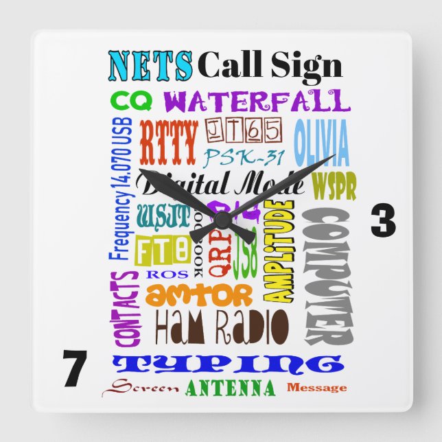 Reloj Cuadrado Ham Radio Digital Mode Word Collage Wall Clock (Anverso)
