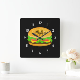 Reloj Cuadrado Hamburguesa divertida y genial Monograma y números
