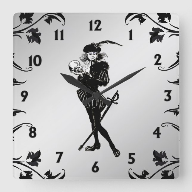 Reloj Cuadrado Hamlet El Bardo Plata Números Negros (Anverso)