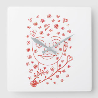 Reloj Cuadrado Hand-Drawn Romantic Line Art Face with Hearts and 