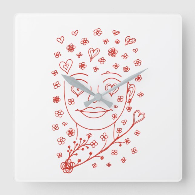 Reloj Cuadrado Hand-Drawn Romantic Line Art Face with Hearts and  (Anverso)