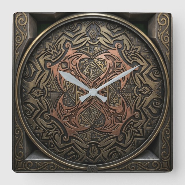 Reloj Cuadrado Hand-Drawn to 3D Digital: Intricate Bronze Mandala (Anverso)
