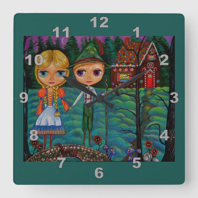 Reloj Cuadrado Hansel y Gretel Dolls Cute Gingerbread House (Anverso)